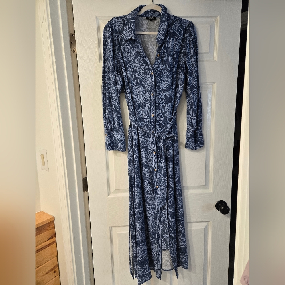 1 State Blue Floral Long Sleeve Dress With Belt Large